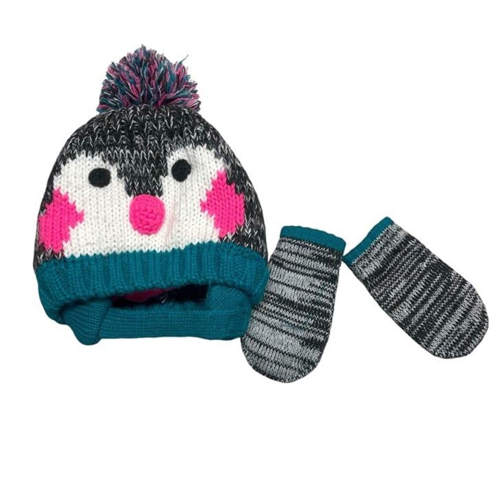 Infant baby winter snow penguin Fleece Beanie with Chin Strap & mittens